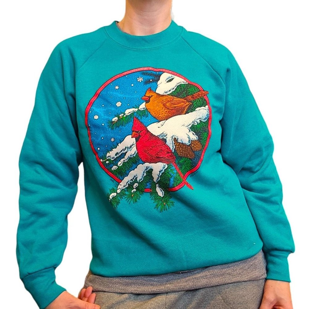 VTG 90s Womens S/M Cardinal Bird Crewneck Sweatshirt Green NWOT USA Grannycore